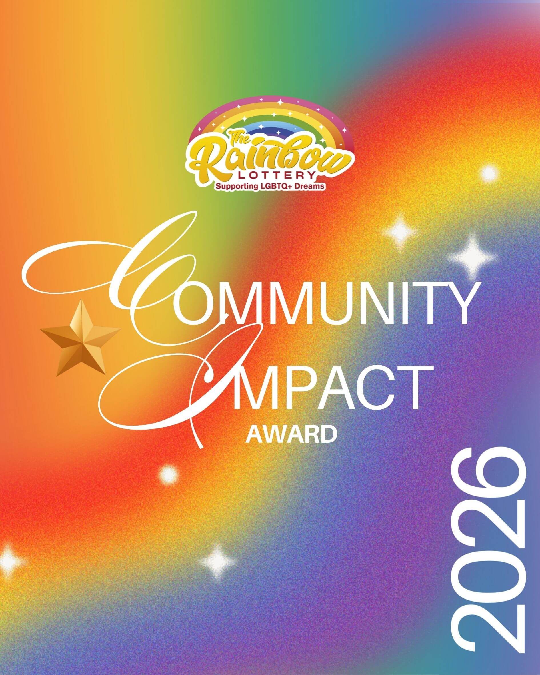 Rainbow Lottery Community Impact Award 2026 graphic with rainbow colours and celebratory star design.