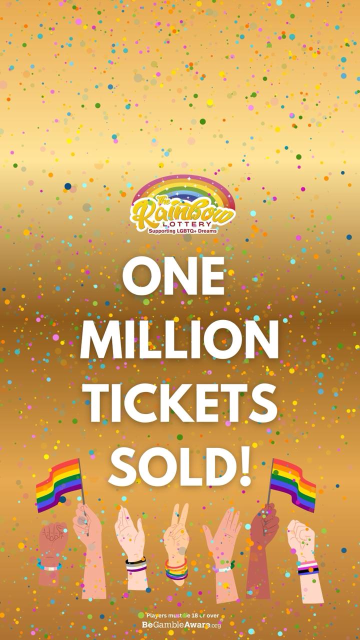 Raised hands holding Pride flags with confetti and text ‘ONE MILLION TICKETS SOLD!’ and Rainbow Lottery logo