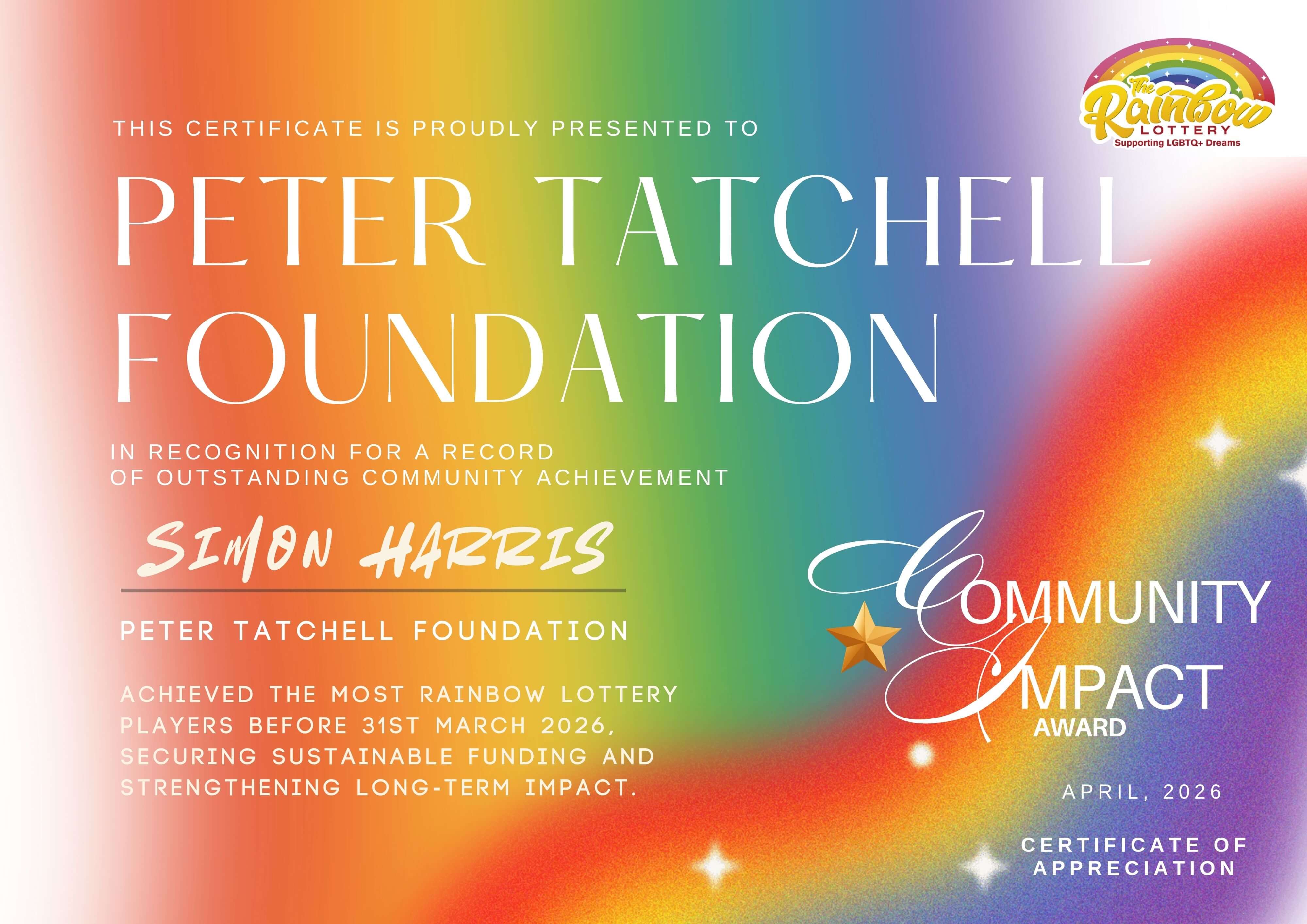 Peter Tatchell Foundation Community Impact Award certificate for Simon Harris, March 2026